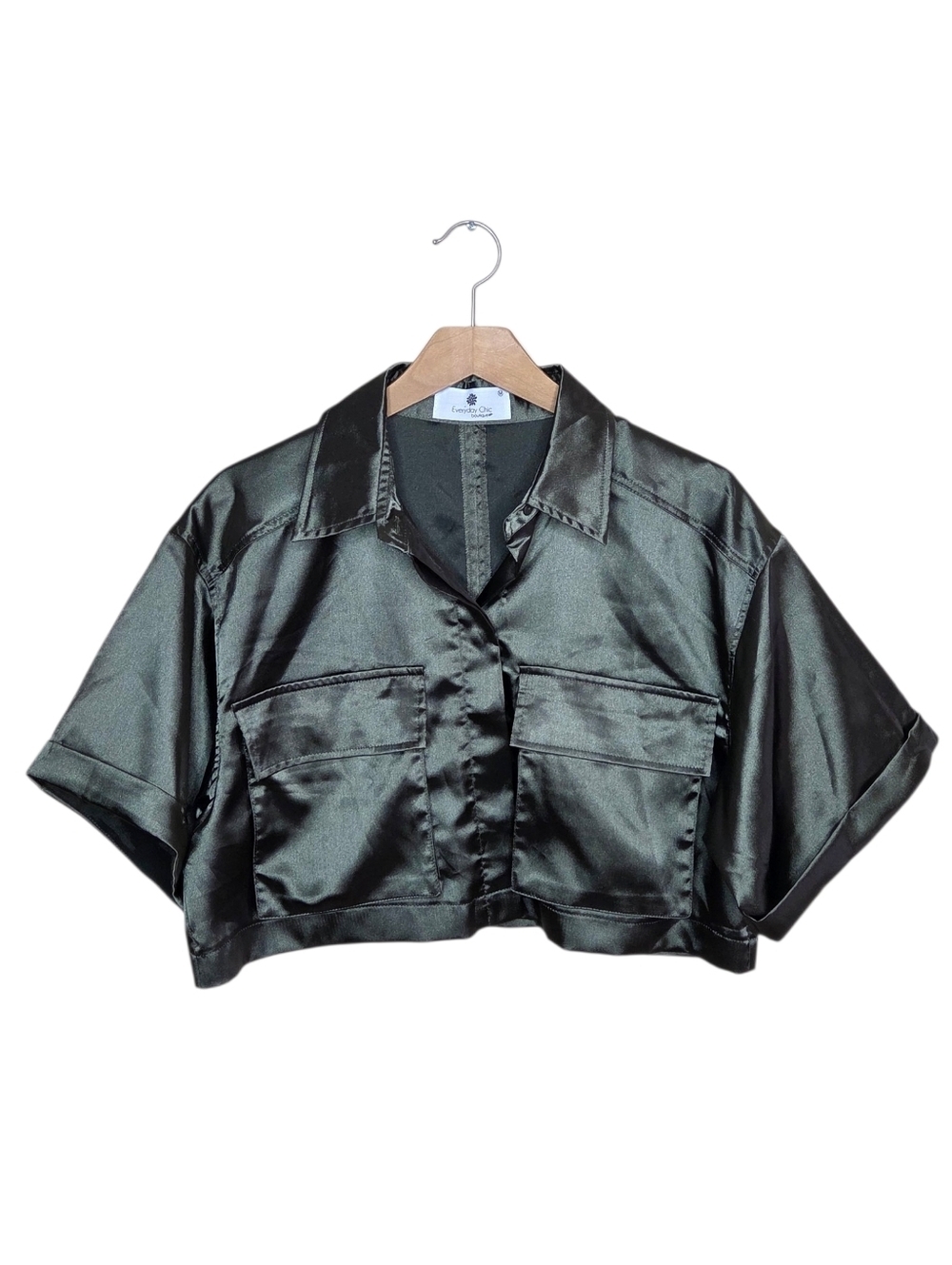 Everyday Chic Boutique Dark Green Cropped Shiny Satin Short Sleeve Blouse Medium